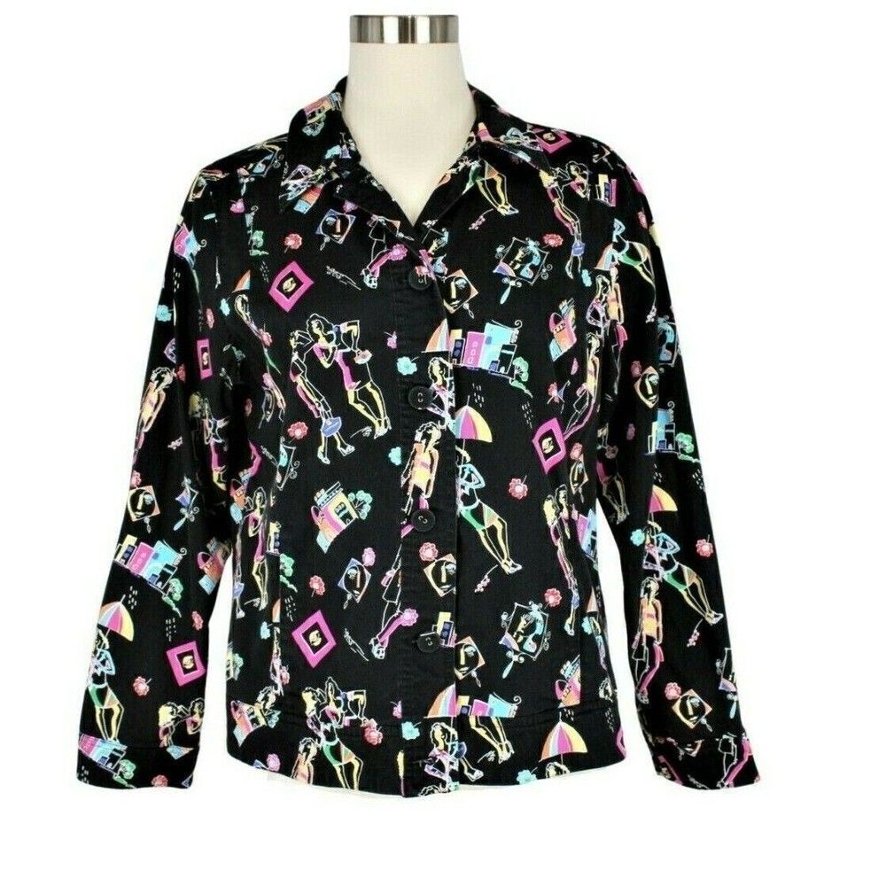 Jacket Lightweight Button Up Cottagecore Fashion Themed Print Pockets Black Sz L